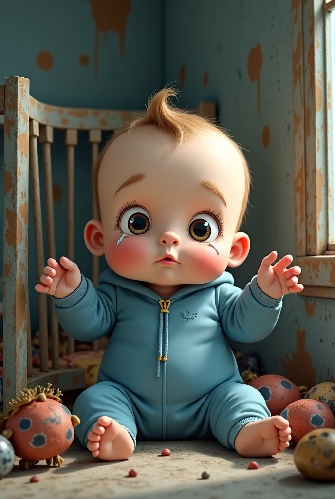 Close a powerful threat, The imposing appearance of the powerful baby-shaped Superman dressed in beige uniform in a manger, menacing stare, ricamente detalhado, Hiper realista, 3D-rendering, obra-prima, NVIDIA, RTX, ray-traced, Bokeh, Night sky with a huge and beautiful full moon, estrelas brilhando, 8k,