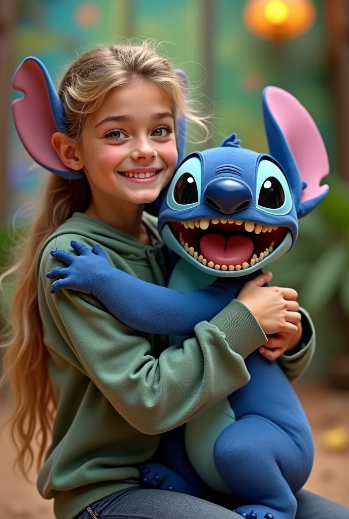 (photorealism:1.2) Joe Keery with his hair disheveled smiling as he looks at the camera. Wearing a full body stitch costume but without the hat on, revealing her cute face and brown eyes., while with one hand he is waving