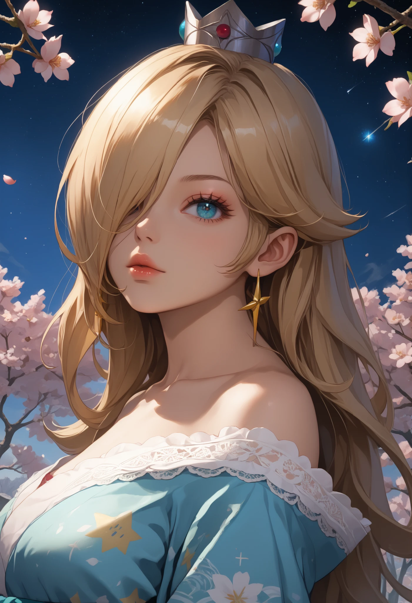 Very detailed CG Unity 8K wallpaper, Cute One lady, Mature blonde lady ,beautiful  lady, pale skin (Super masterpiece, Beautiful person, well detailed face polluted smile,  Photorealistic, hyper realisitic), Colorful winter kimono in gold and white colors、(white fur)、Japanese Style Hair Accessories、smile、Japanese background with pink flowers and snow、Portrait、Light blue eye、mid-chest、(Glowing Skin:1.7)