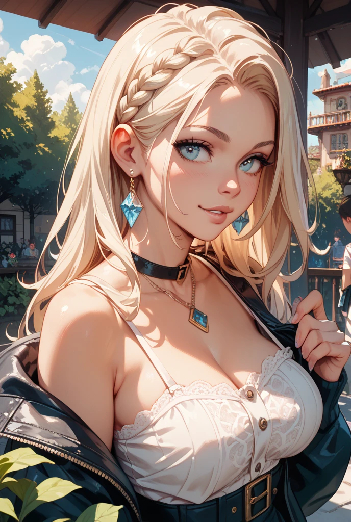 Beautiful breasts, 1 girl, ((golden yellow hair)) ((Cute girl)) brown eyes, from above,with medium breasts and thin waist, and voluptuous body, puffy clothes made of light fabric, long sleeves, denim skirt, has a bold look , cute looks, expression with sweet smile, gothic choker, Japan, in front of an old wooden house, trees and wooden stairs, in the field of beautiful roses, she is in a leaning pose (best quality, ultra-detailed, photorealistic: 1.39), Face of naughty 18 year old teenager, bright and vibrant colors, studio lighting, romantic expression,