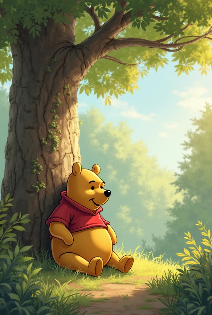 
 Winnie the Pooh sitting on a log, looking at the horizon, forest, cartoon style