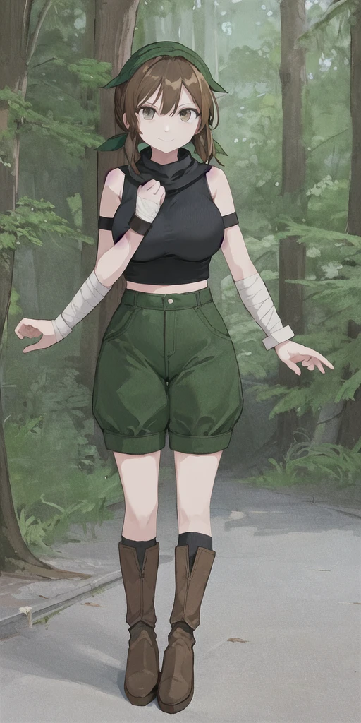 Female, Thin, Flat Chest, Big Ass, Pale Skin, Medium Length Messy black hair, Dark Green Eyes, Body Scars, Black Leggings, Waterproof boots, Tight Torn White Vest, Neck Bandana, Military Backpack