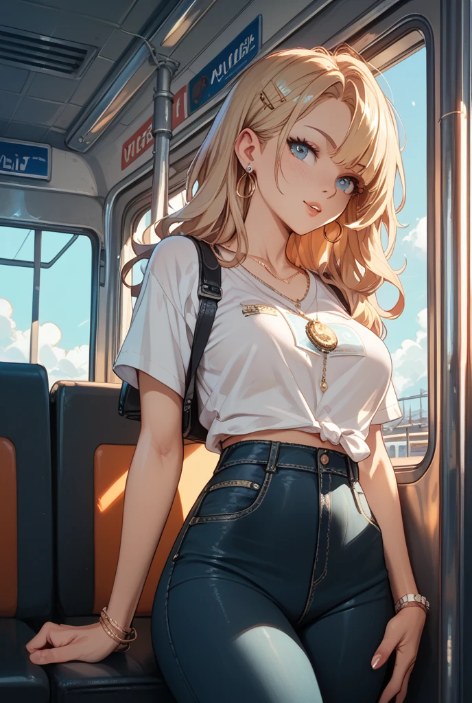 最high quality、best image quality、masterpiece、teenage girl((20-year-old、 By becoming、vest bust、medium bust,wide open breast tea、black eye, blonde hair、long hair、thin,highest valley、blue shorts、Black Short Sleeve Jacket、walk、white shirt,chest、Eyeshadow Makeup、I have a carry bag、greeting、pointing、smile、leaning forward)),high quality、beautiful art、background((In the airport))、debris flies、Depth of written boundary、movie、visual art、perfect art、8K,genuine