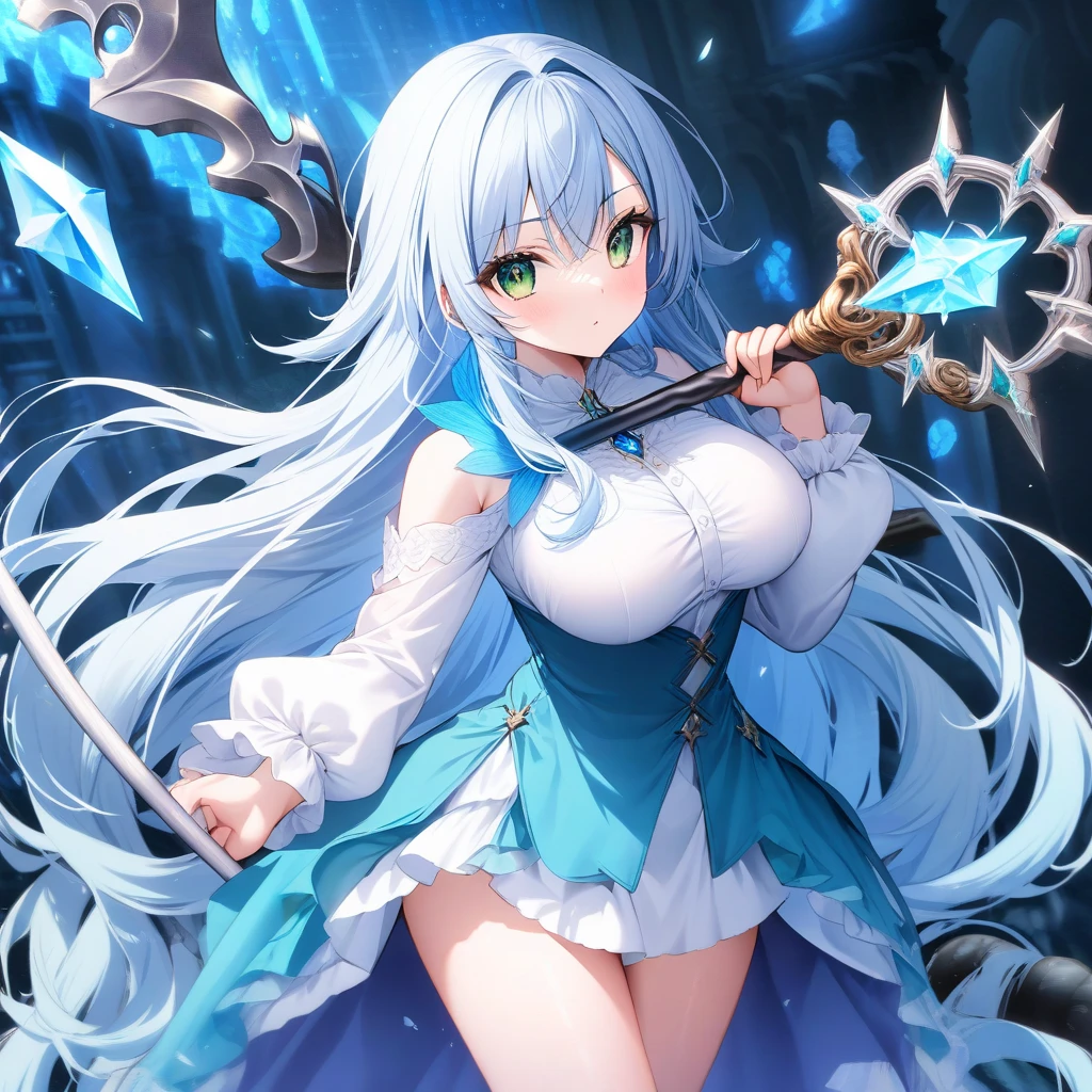 masterpiece 最high quality high quality 1Man Cute Woman fantasy adventurer Inside the dungeon Inside the ruins Ice magic gal battle effect devilish smile Uplifting jump