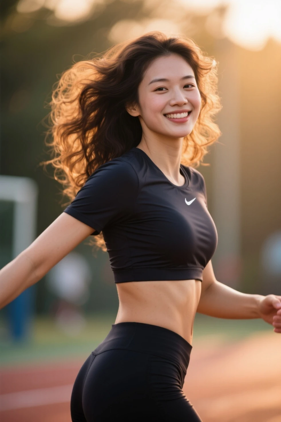 ((Realistic lighting, highest quality, 8k, masterpiece: 1.3)), concentrated: 1.2, One Japan idol, Plump,Very small breasts: 1.1, Dark brown hair,(((whole body,Vertical navel,))), (Training wear: 1.4), (Outdoor, Magic Hour: 1.1), arena, Very beautiful face, Beautiful Eyes, double eyelid,Dimples,mole,A kind smile,Clear cracks,