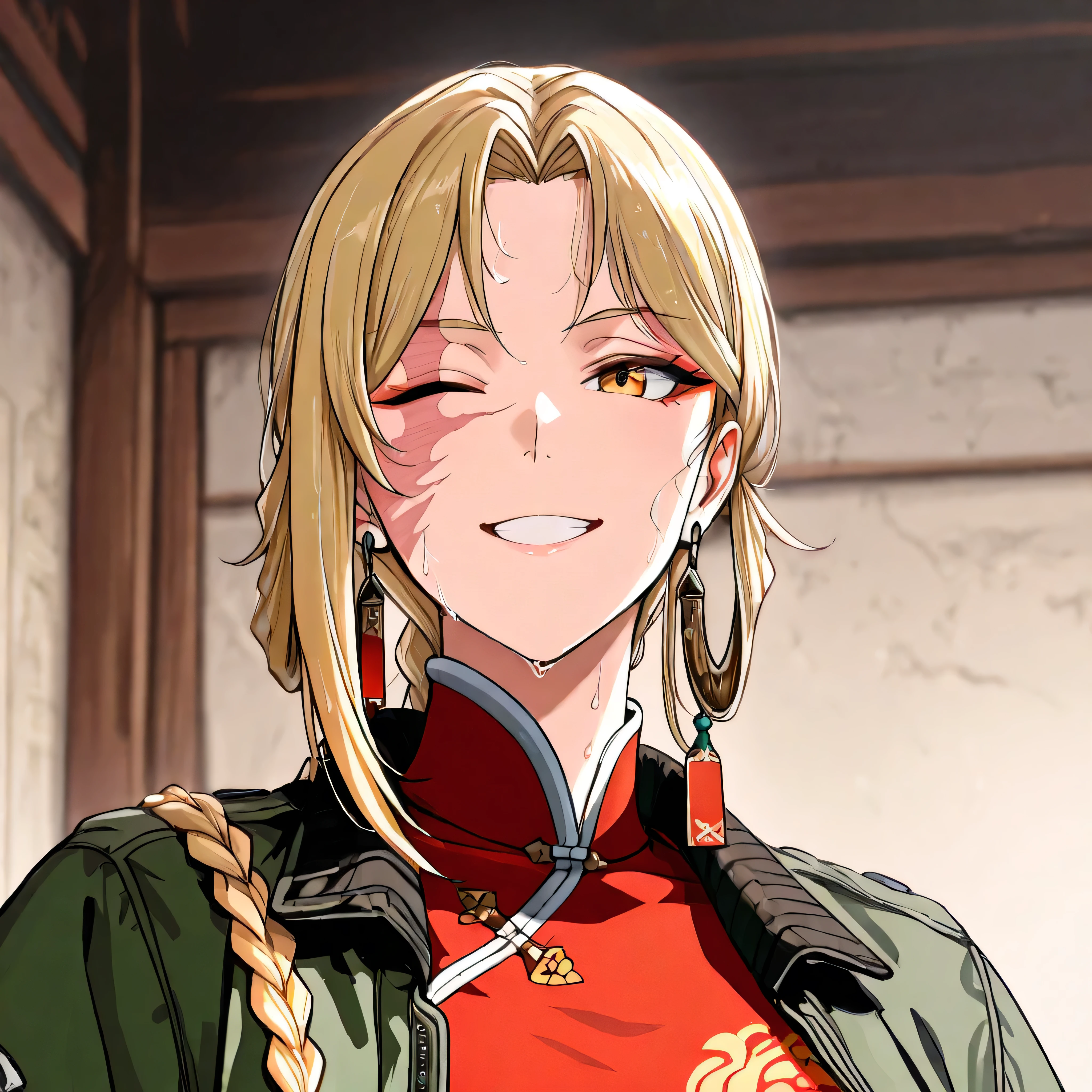 Female Mech pilot、Asian、Blond、One long braid、No hair ornaments、Burned scar on right half of face、Closed right eye、Very Confident Grin、Sweaty、Chinese style ear rings、red cheongsum dress、Green Pilot Jacket、Portrait