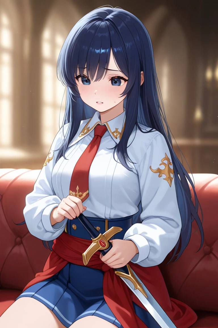 (highest quality:1.2, Very detailed, Latest, Vibrant, Ultra-high resolution, High Contrast, masterpiece:1.2, highest quality, Best aesthetics), 1 Female, Woman in military uniform, White bodysuit, Knee-high boots, Detailed equipment, Equipment attached to a belt, Extremely high quality weapon representation,, Glare, Long black hair, Flowing Hair, Shout, Intimidation, ambition, Sit in a luxurious chair, Sky curtain, Very delicate ornament, Red interior, Tapestry hanging on the wall, The light shines through, Dark Color Palette