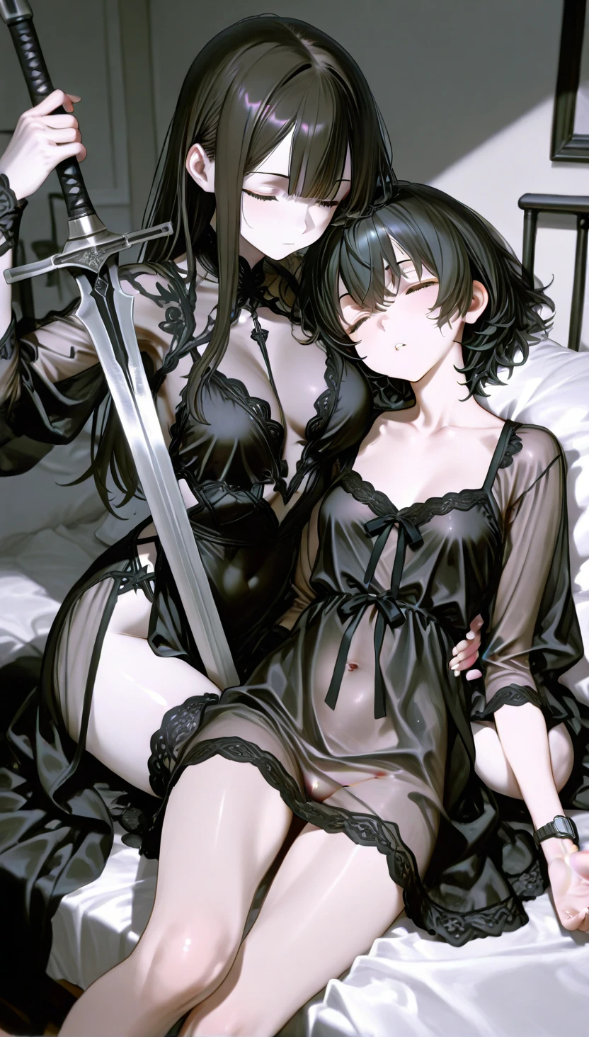 A happy obviously mechanical robot dog designed sexually satisfy women is licking a cute woman between the legs, bedroom
