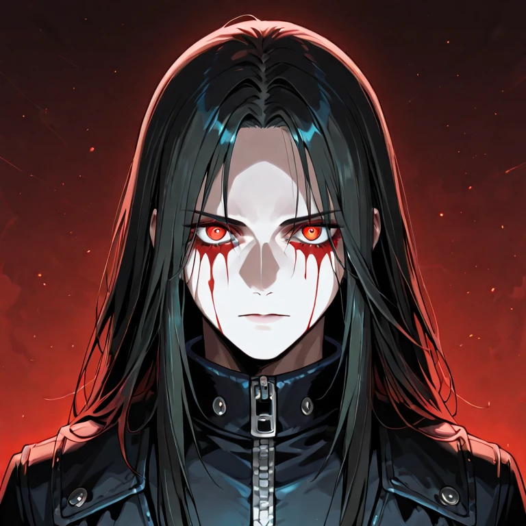 A man, long black hair, red eyes, fair skin, thin body, in a cage, bound, chained, desperate expression, Blood, bright environment