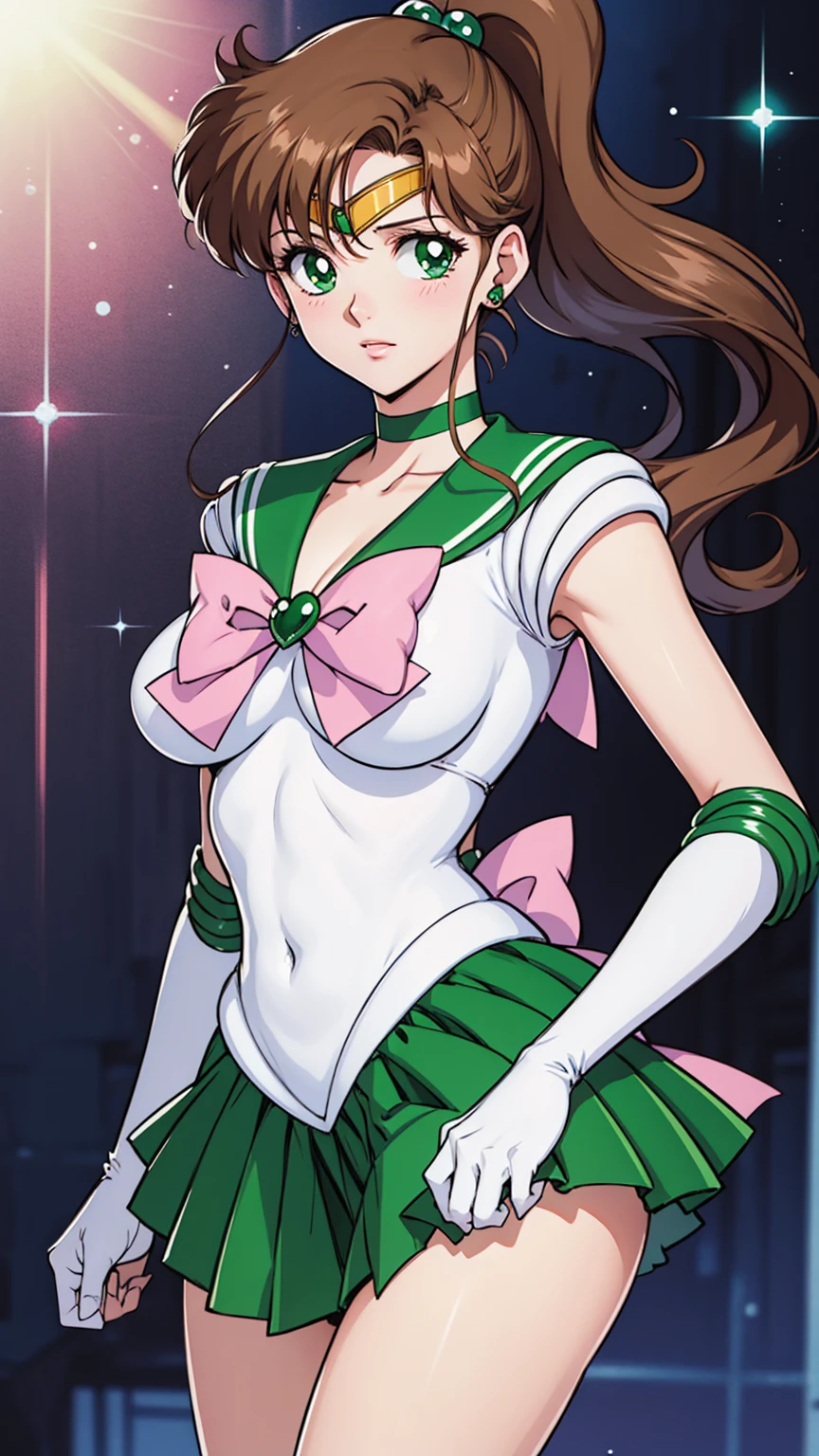 masterpiece, best quality, highres, hmjupiter, green eyes, ponytail, tiara, jewelry, sailor senshi uniform, green sailor collar, choker, elbow gloves, white gloves, pink bow, brooch, leotard, off skirt, cowboy shot, standing, night, moon, flustered,large breasts, panties,white background,simple background, show off nipple,