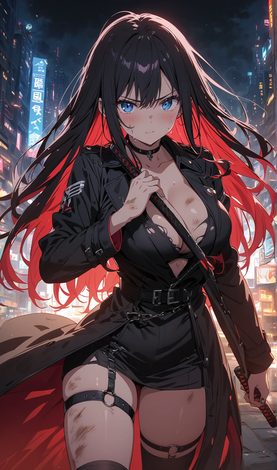 4K resolution,((Highest quality)),Ultra-high resolution,Adult women, alone, sexy, (Stern face), (Red eyes), Beautiful and symmetrical face, (Black irregular long hair), Black coat,Black suit pants,A mercenary woman,Realistic:1.4,Realistic:1.4,night,(masterpiece:1.2),Perfect Eyes,Perfect Eyes,Ample breasts,Beautiful thick legs,Holding a gun,In a dark warehouse,Curvy Body
