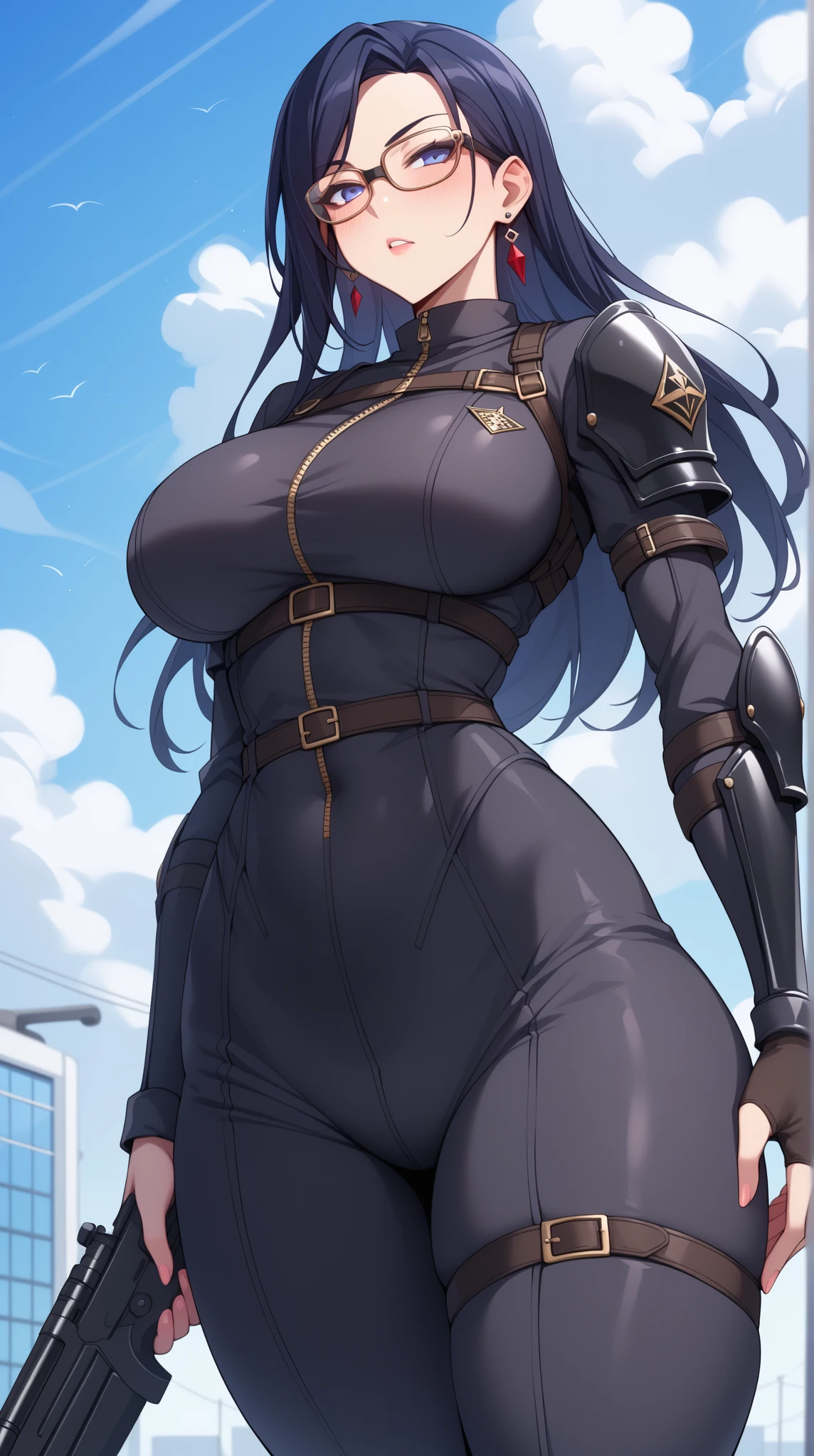 ((guantes)),((bodysuit)),((thicc Tetas enormes caidas)),trasero grande,((caderas anchas)),((piel blanca)),(((long brown hair with braids)),((ojos marroness)),((gafas)),((Thicc MILF)),((body suit))