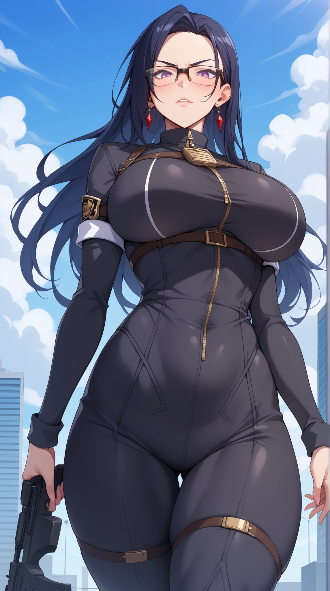 Annerose, 1girl, female mature, black hair, long hair, yellow eyes, large breasts, skin tight, hair intakes, (exquisite character details, beautiful lips, beautiful yellow eyes, beautiful face, beautiful and properly clothed), extremely detail unity 8k wallpaper, (solo:1.5), extremely detail background, stand on the edge of high mountain with day sky view, (bodysuit, fully suited, closed clothes)