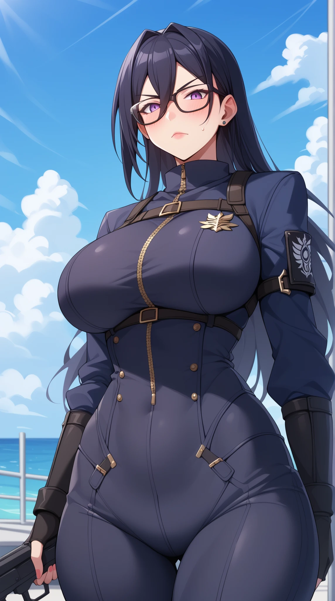 Adult women, Black long hair, Cat ears, and blue eyes, Cat's Tail, combat uniform, Smile, masterpiece, high quality,big breast,White background