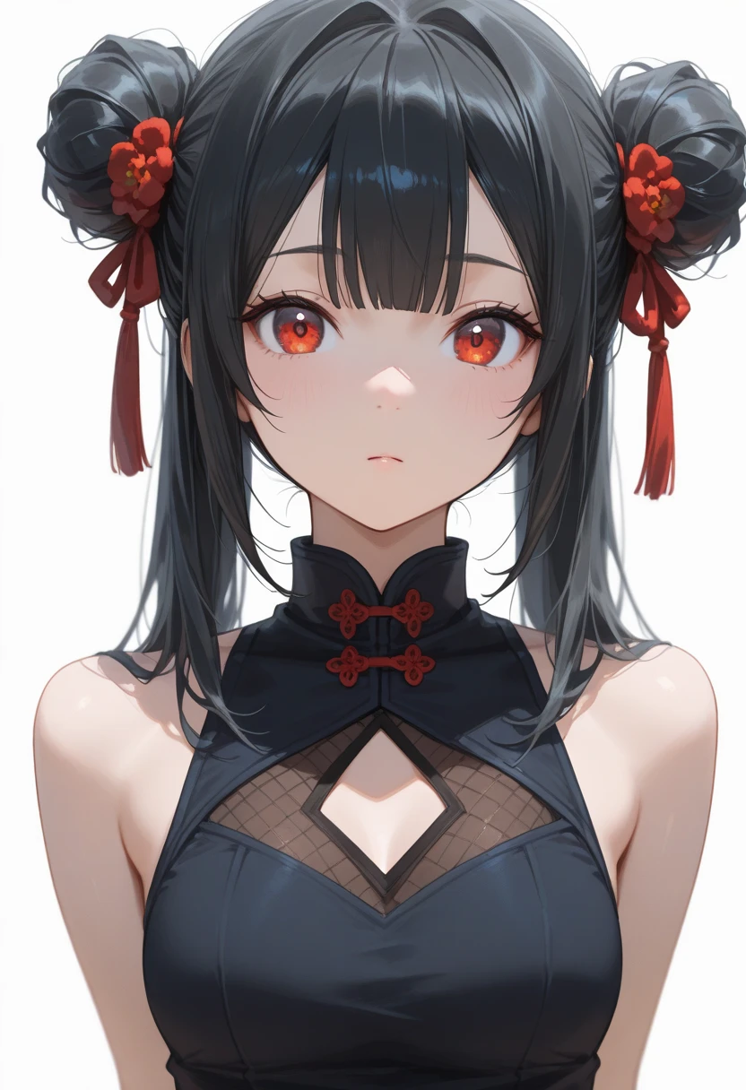 (8K, Best Quality, Masterpiece, Ultra High Resolution) ung Girl, 5 YeBeautiful Eyes, Face Details, Black Hair, Pigtail Braids, Hair Bangs, Red Eyes, Pale Skin, Vampire, Blood Dripping from Lip, Short Formal Dress, Cute Black Dress, Dimly Lit Japanese House, Masterpiece, Best Quality, Upper Body, Looking at the Viewer, Close Up