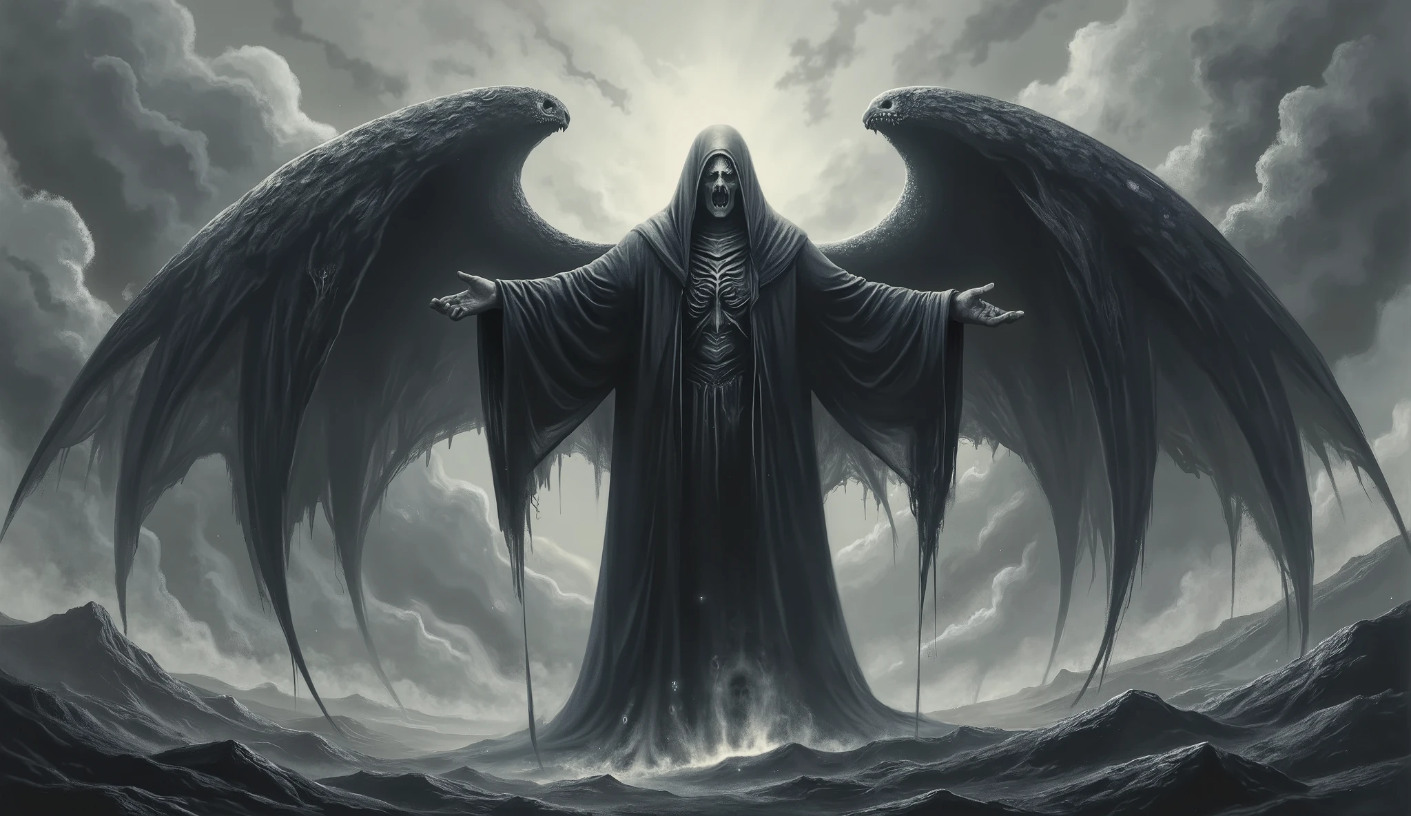 Abstract Grim Reaper, full body, at a distance, beautiful, ethereal lighting, large abstract wings, detailed, full body, high detail, masterpiece.