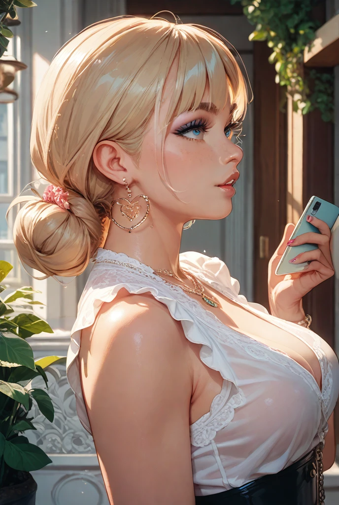 (ultra realistic,32k,RAW photo:1.1),(high detailed skin:1.1), 8k uhd, dslr, high quality, film grain, (makeup, mascara:1.1), lips,(thick\lips\),
(shiny glossy translucent clothing:1.1), <lora:azuki-nvwls-v1:0.7>azuki, gyaru, heart hair ornament, necklace, white shirt, cleavage, lace trim, clothes around waist, pleated skirt, (blue eyes:0.75), ,(huge breast:0.9),<lora:add_detail:0.78>,
taking a selfie with one hand,
(busty:1.1) , (chubby:0.1),( beautifully lit exposure:1.1), <lora:LowRA:0.4>, dark theme, country cottage, quaint charm, flower-filled garden, cozy ,(glowing lights background:1.1)