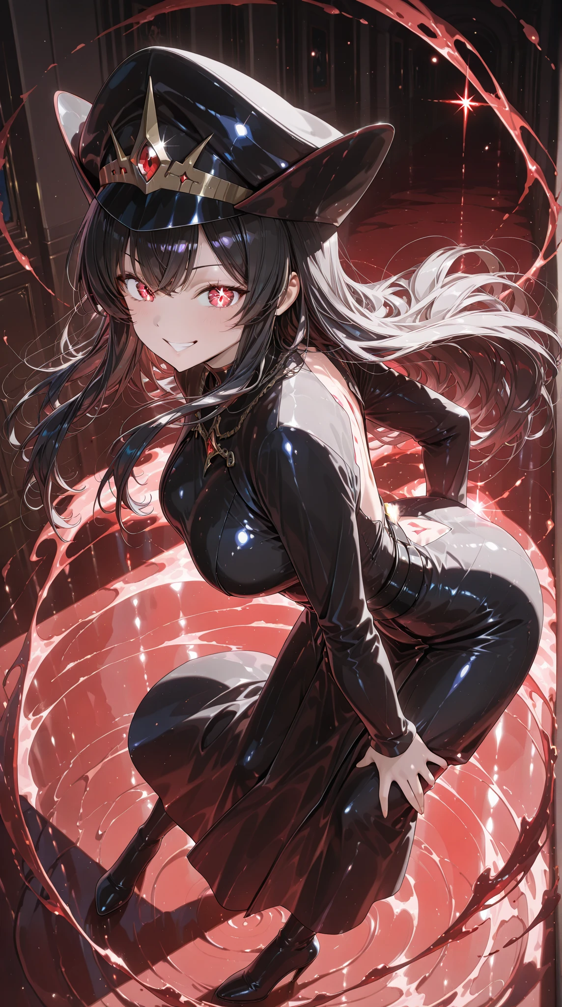 Highest quality Highest quality Draw a face carefully High-definition anime-style face Super Glowing Skin Long black hair Golden Eyes Brown full body suit Khaki pantyhose Succubus lure smile Back view Rear view Ass close up