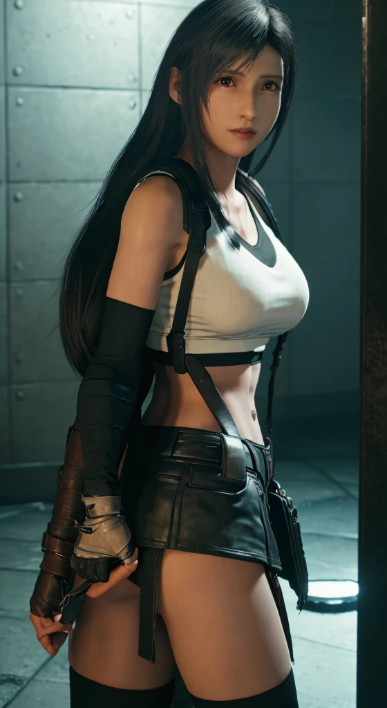 Woman in short skirt and top standing in a dark alley, Tifa Lockhart, Tifa, Tifa Lockhart com cabelos brancos, Retrato de Tifa Lockhart, tifa lockheart, Retrato de Tifa Lockhart, Retrato sedutor de Tifa Lockhart, Tifa Lockheart glamourosa, roupa estilo cyberpunk, roupa cyberpunk, mechanic punk outfit, cinematic outfit photo, corpo definido, pernas definidas, olhos castanhos claro, surprised expression