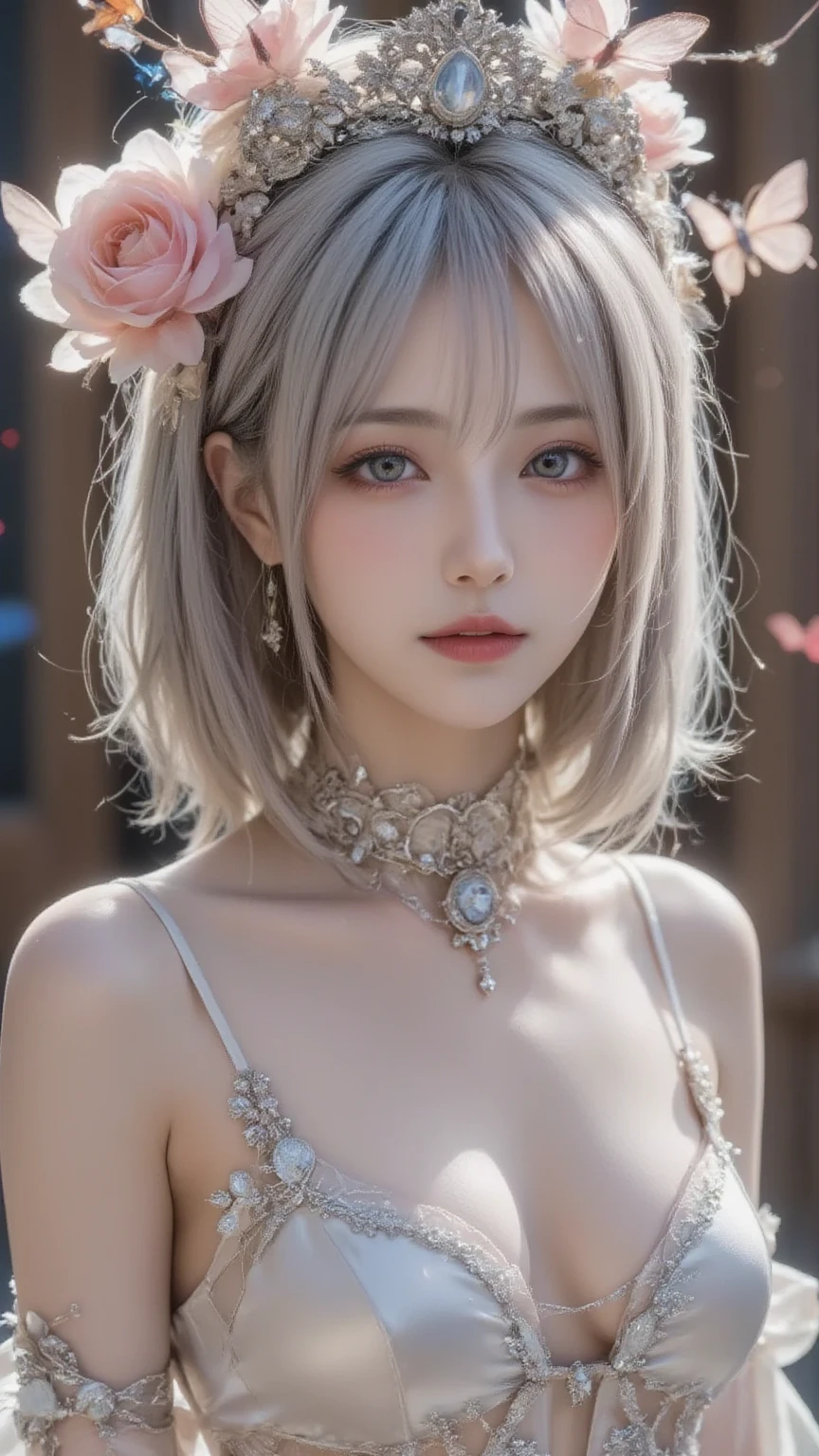 Grey lace thong bra,(See-through)、Small breasts, (((とてもエレガントでbeautiful, Perfect detail, Very detailed))), whole body, The most detailed girl, Written boundary depth, 美しくdetailedなwhole body, Thin legs, 1 girl, 30 years old, Very short hair, Spiked Hair, Gray and silver hair, beautiful detailed hair, Perfect Face, Expressionless, beautiful, detailed, Deep Eyes, Open your mouth a little, Delicate arms and hands, Pale skin, Earrings, beautiful and gorgeous necklace, Colorful background, HD background, Blurred Background, とても繊細でbeautiful, masterpiece, (((Highest quality, とてもbeautiful8K CG壁紙))), (((Trendy hairstyles))), (Inside the room,Stylish interior,window),(((Place your right hand on your mouth 1.5)))