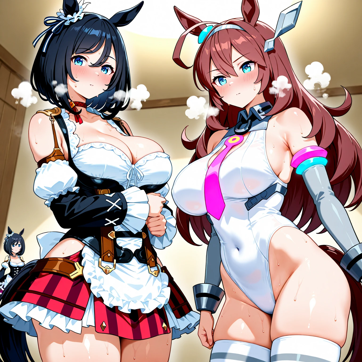 chica sexy, high, fitted bunny suit, big breasts, big butt, green eyes, black hair