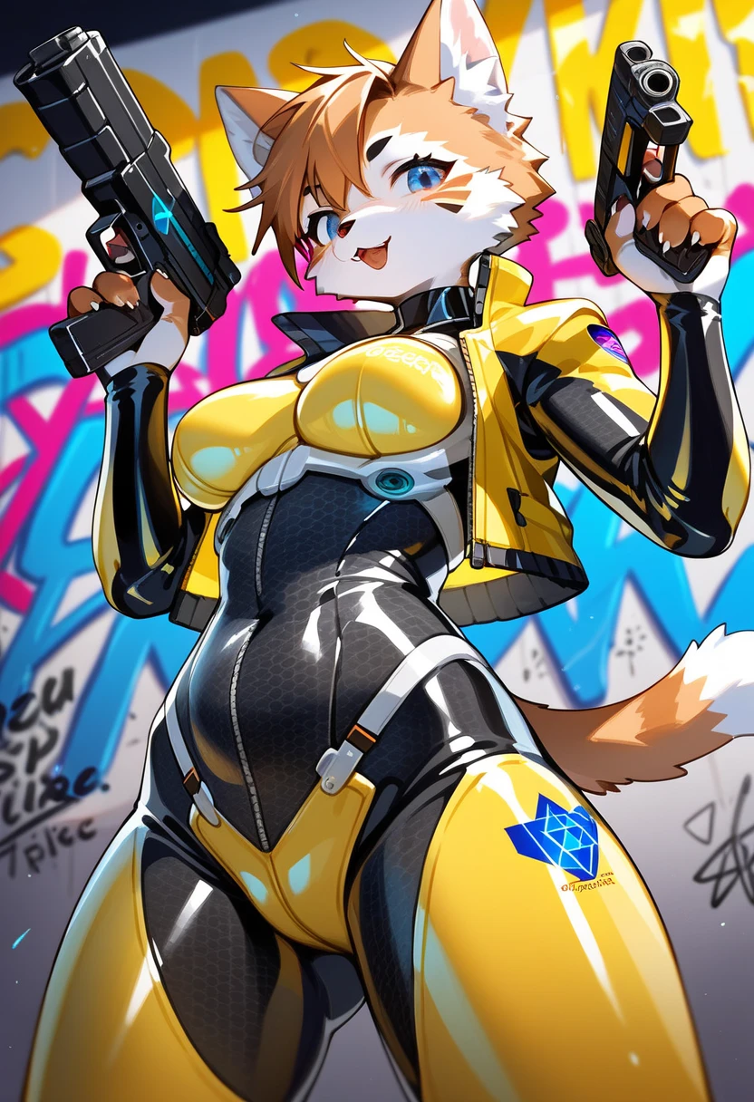 animation, Highest quality, Highest quality, High quality illustrations, masterpiece, Ultra-high resolution, Detailed Background, cyber cafe, Graffiti art on the wall, Absurd, Perfect Anatomy, performance, Good lighting, Shadows in the movies(kemono, Furry PersonifiCation), Cat, Blueskin, Yellow Rubber Suit, latex, neon, neonライト, neonカラー, Bodysuits, Cyber Suit, Mech Suit, Rubber Half Jacket, cyber punk, Holding a gun, Yellow Shadow
