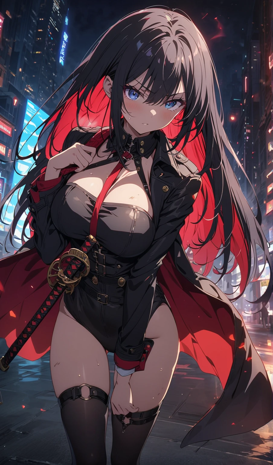 Highest quality、Highest quality、Masterpiece、girl((American、half、18-year-old、as soon as、Highest Bust、Medium Bust、Wide open chest、Red glowing eyes、Black Ear、Red Mesh、Disheveled Hair、Loincloth、thin、The best valley、Open chest、hair ornaments、Full body view、pants、shortTshirt、Random Pause))、high quality、Beautiful Art、background((military base))、flight、Flying Debris、Depth of text、movie、Visual Arts、Perfect Art、8K、Genuine、Special Angles