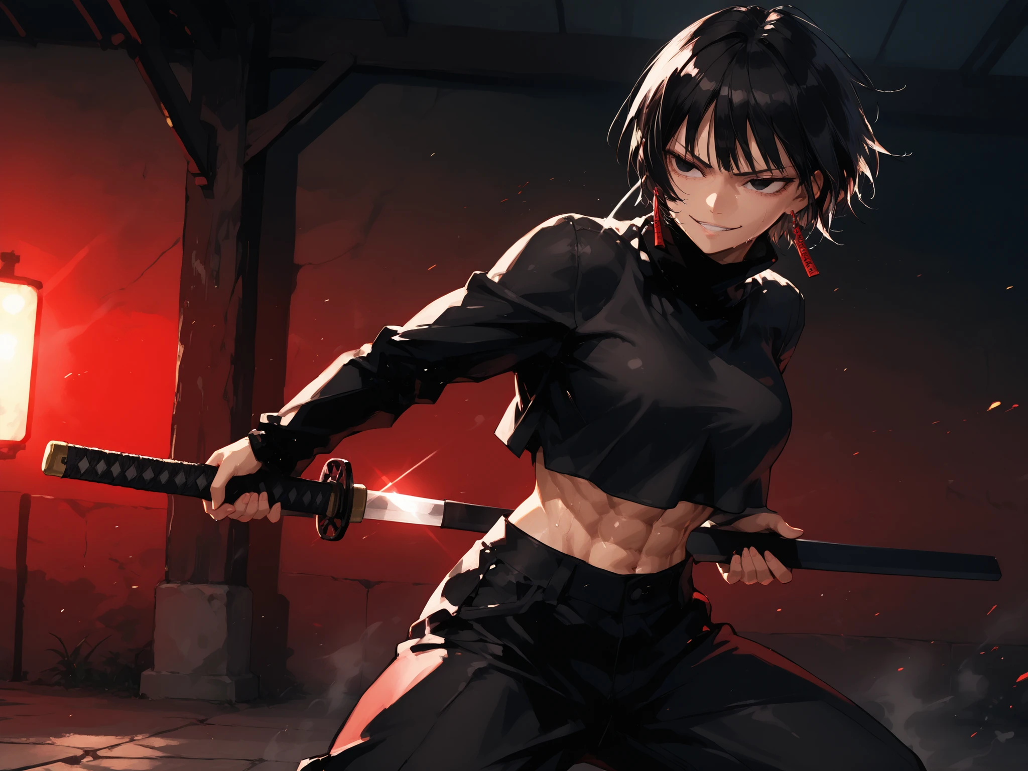 1girl, kagari hiyuki (kagurabachi), black hair, short hair, black eyes, big eyes, evil grin, long red earrings, black turtleneck, crop top overhang, black trousers, muscular, abs, cinematic angle, cinematic pose, fighting stance, (perfect hands:1.0),(masterpiece:1.3), (aesthetic lighting:1.3), holding massive sword, black executioner sword, battoujutsu stance