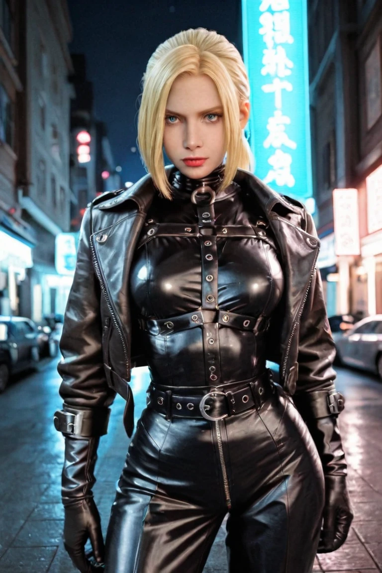 1girll, future warrior，cabelos preto e longos，flowy，crisp breasts，Beautiful thighs，Tattooed with，Chest bumps，Colored square sunglasses，Black skinny one-piece leather jacket，Black boots，There are round metal rings at the wrists and ankles，epcot，cyber punk perssonage，Detailed background，Clothing details，perfectly proportioned, Cinematic lighting, filmgrain, Fuji colors, lightand shade contrast, 8K, 巨作, Textured skin, Super detail, high detal, high qulity, A high resolution,