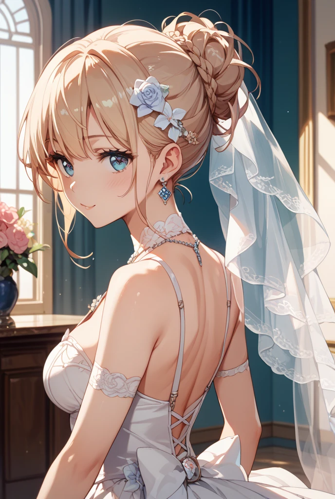 in 8K、top-quality、masterpiece、ultra-detailliert、Ultra-high resolution、((1 persons))、girl with、weddingdress、a blond、cleavage of the breast、bare shoulders、makeups、A bracelet、Pendants、florals、The fountain
