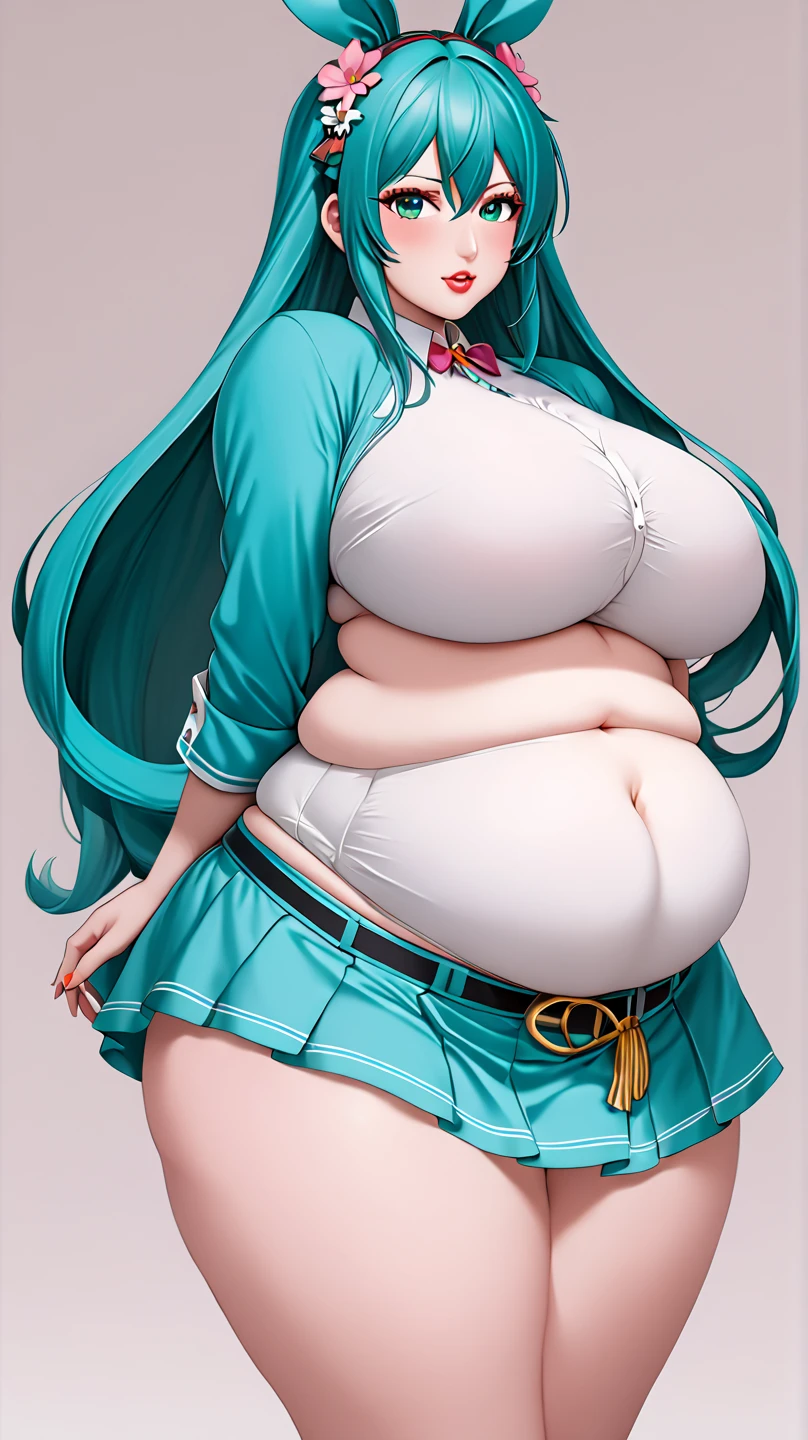 (best quality,4k,8k,highres,masterpiece:1.2), ultra-detailed, (realistic,photorealistic,photo-realistic:1.37), HDR, UHD, studio lighting, ultra-fine painting, sharp focus, physically-based rendering, extreme detail description, professional, vivid colors, bokeh, portraits, photography, (best quality,masterpiece:1.3), (mature woman, milf), (tall:1.2), anime, masterpiece, beautiful eyes, best quality, detailed face, 1girl, solo, beautiful, miku hatsune, ahoge, aqua eyes, aqua hair, crossed bangs, hair between eyes, hair ornament, headphones, long hair, twintails, aqua necktie, black footwear, black skirt, black sleeves, boots, collared shirt, detached sleeves, grey shirt, necktie, pleated skirt, shirt, skirt, sleeveless, sleeveless shirt, thigh boots, tie clip, huge belly, bloated belly, stuffed belly, plump, chubby, curvy, chubby girl, belly, big belly, fat belly, soft shading, detailed, semi-realistic, sciamano240