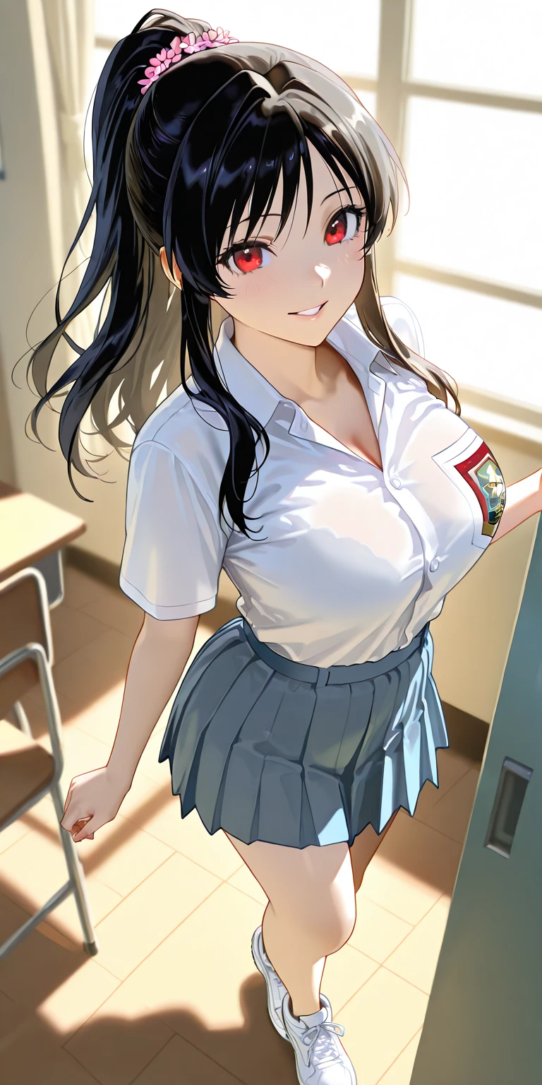 (Highest quality、Tabletop、Best image quality、Award-winning works。Ultra-high resolution、8K)、Beautiful illustrations, (Natural Side Lighting, Cinema Lighting), Written boundary depth, Looking at the audience, (Face Focus, Upper Body), Front view, 1 Girl,high school girl, 15 years old, Perfect Face, Cute symmetrical face, Shiny skin, Asymmetrical bangs, Big eyes, Droopy eyes, long eyelashes chest), thin, Beautiful Hair, Beautiful Face, Beautiful and beautiful eyes, Beautiful clavicle, Beautiful body, Beautiful breasts, Beautiful thighs, Beautiful feet, Beautiful fingers, ((High quality fabric, Beige knitted vest, Short sleeve white collar shirt, Navy Pleated Skirt, Red bow tie)), (Beautiful romantic sunset:1.1)、(Tyndall effect:1.1)、evening, (School classroom blurred background:1.2), Are standing, (smile, Excellent, Open your mouth), (Lift up your skirt to show your underwear:1.5)
