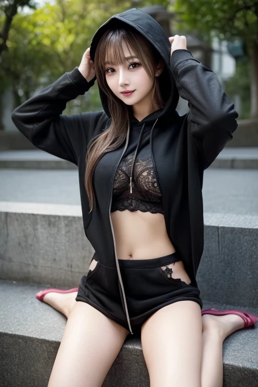 photograph of a 20 year old woman, face perfect, oGood de arte, Good, Underwear, blackw_Good, jaket, blackw_knickers
