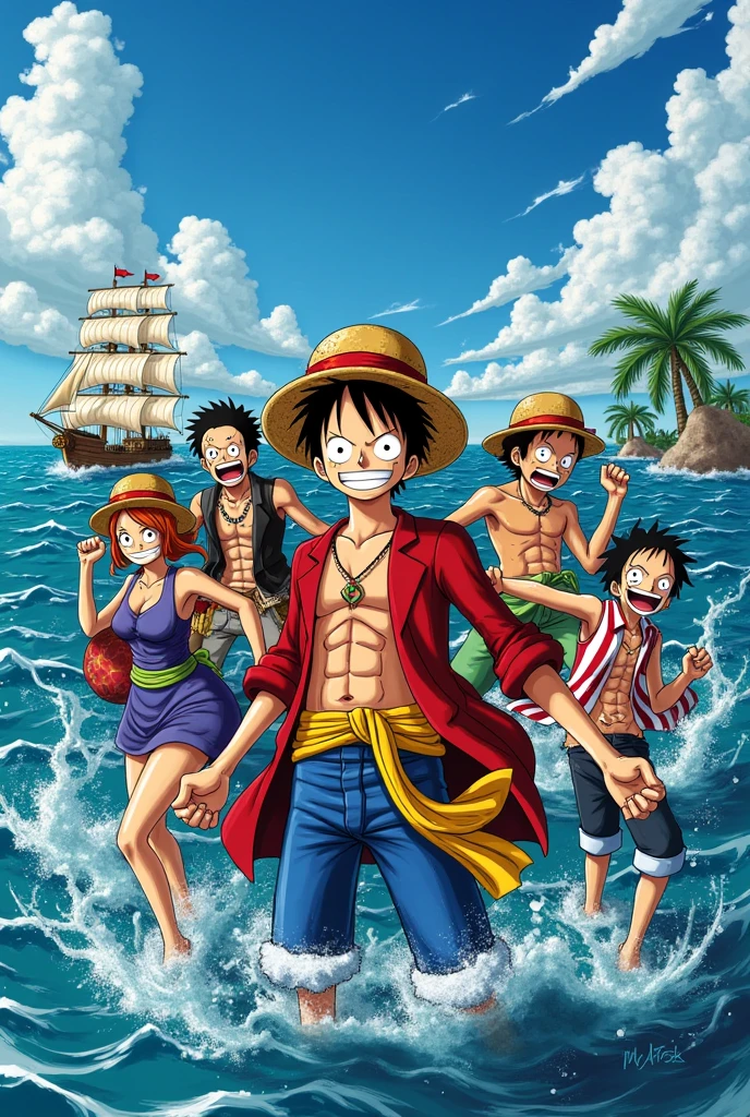 Create an image inspired by the anime "One Piece" featuring Luffy and his crew aboard the Thousand Sunny. Luffy is in his classic straw hat and pirate outfit, striking a confident pose with his signature grin. The background should show a vibrant, dynamic sea with a bright, adventurous sky. Include other main characters like Zoro, Nami, Sanji, and Usopp, each showcasing their distinctive features and weapons. The overall mood should be exciting and full of energy, reflecting the adventurous spirit of their journey, 4k 