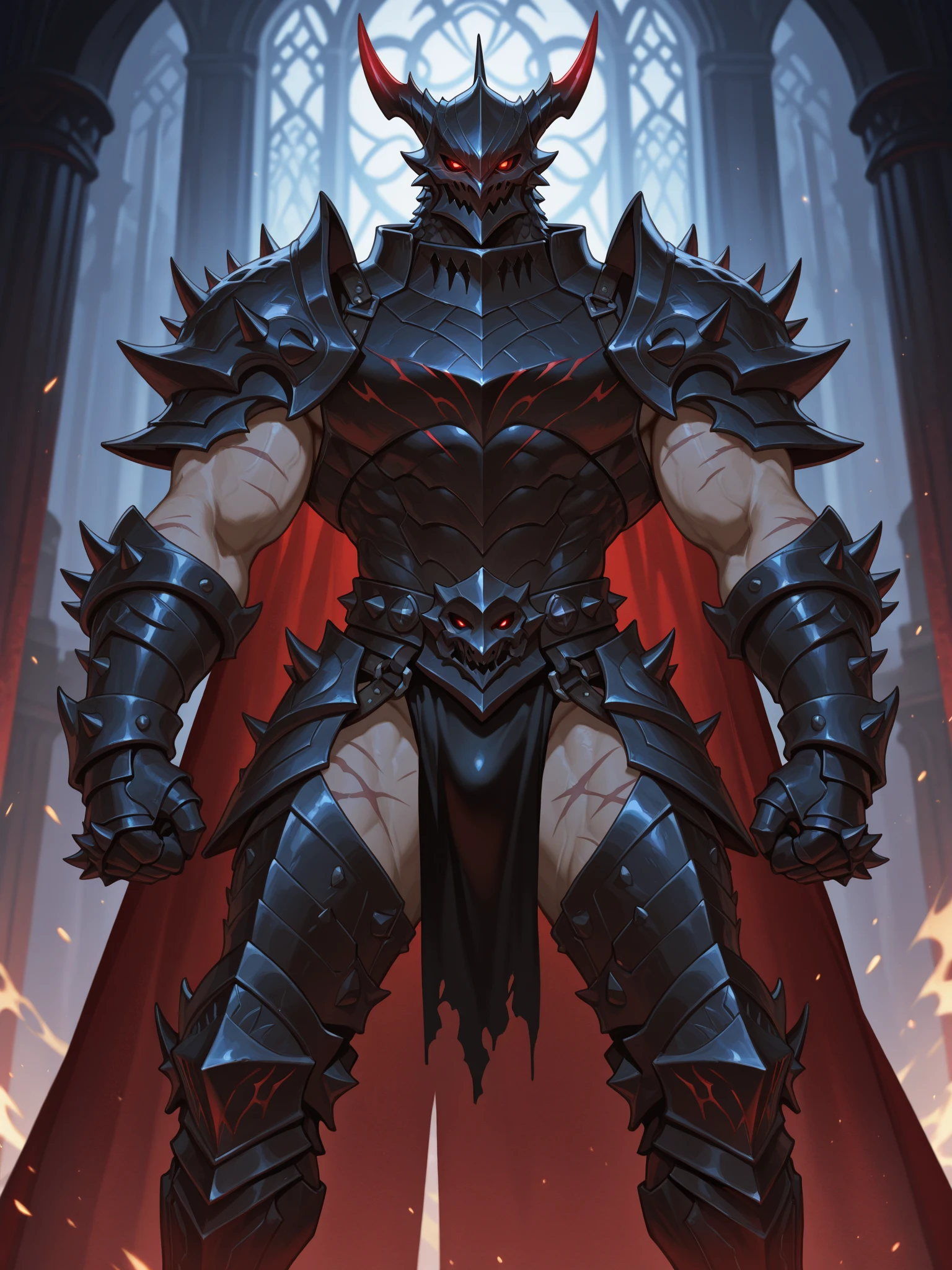 Anthropomorphic dragon boasts a "soft beefy" physique. The "soft" aspect of his physique is achieved through a meticulous distribution of muscle and fat that creates a sense of comfort and approachability. skin is a rich, deep black, with a subtle shimmer that hints at his hidden nobility. His eyes are a piercing shade of Imperial red, framed by thick eyebrows that arch over them in a constant state of curiosity. His attire, a black gambeson padded overcoat vestment with striking red salmon accents and intricate silver metal ornaments, is both functional and symbolic. The gambeson, a padded garment, is tailored to allow for a full range of motion, emphasizing his agility despite his size. The armor's design is meticulously crafted, with each detail serving a purpose. The imperial red accents trace the contours of his muscles, highlighting his physical power and determination. The silver metal ornaments are strategically placed to protect vital areas while also enhancing his aesthetic appeal. Leox's fur is predominantly black with salmon red-colored highlights. The fur on his torso and limbs is dense yet well-managed, giving him a sleek and powerful look. His chest hair is kept at a moderate length, framing his broad pectoral muscles. Large axe like fangs. Wield a slashing blade in a rapier-like's hilt. Fast Strike action pose. Ox Guard Stance. Taran Fiddler art Style