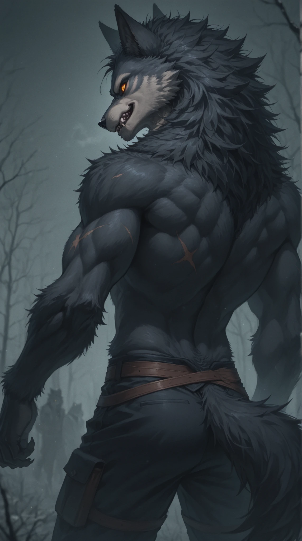 By Taran fiddler, By Theopornon, solo, werewolf, matted fur, wearing datk blue plain loin cloth, loin cloth penis poking out of loincloth, erect penis (knot), large penis, veiny penis, precum dripping, detailed precum, thick viscous precum, showing perineum, a werewolf bending over on all fours putting his fingers in his ass, back facing viewer, snowy background, wooded forest area,  dynamic angle, dynamic poses, zoomed in on rear, focus on ass, back shot