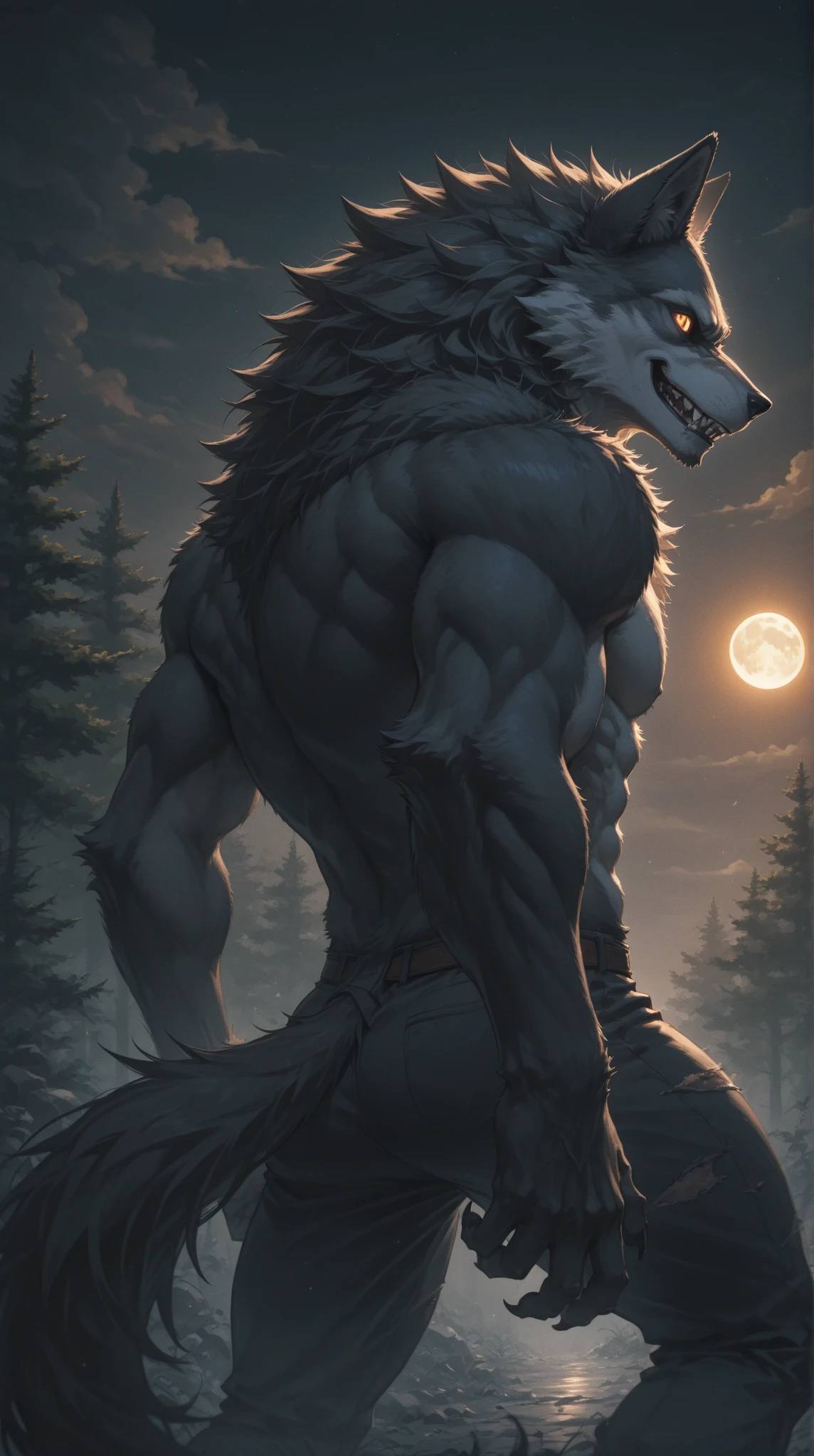 A werewolf on a mountain with a blood-colored moon behind it