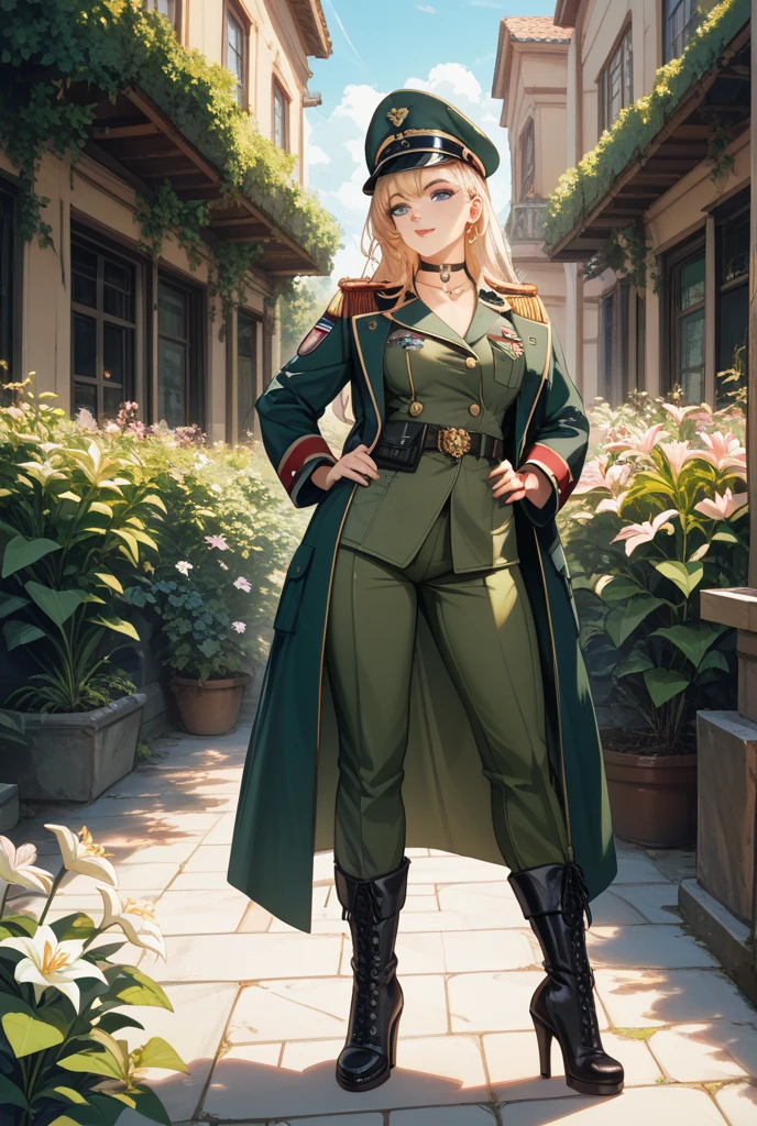 ((A little girl))(Red eyes)((flatchest))(White hair)(a horsetail)(Dressed in a German-style military uniform)(Wearing a German military cap)(The temperament is very domineering)(A murderous smile flowed)(With your hands behind your back)Stand straight((communism))Badges are hung all over the chest(Draped in an army coat)hyper realistic detail