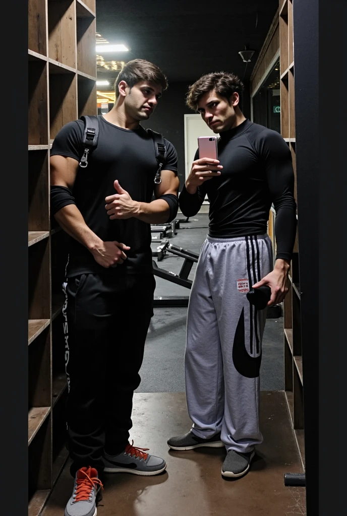 2 boys, toned、big buttocks, Steep hips, muscular, large bulges in the groin, sensual crotch, Wide and very bright black eyes、HD、masterpiece、With bright、Slim dark hoodie with crop top、Full length view、Fashionable hair