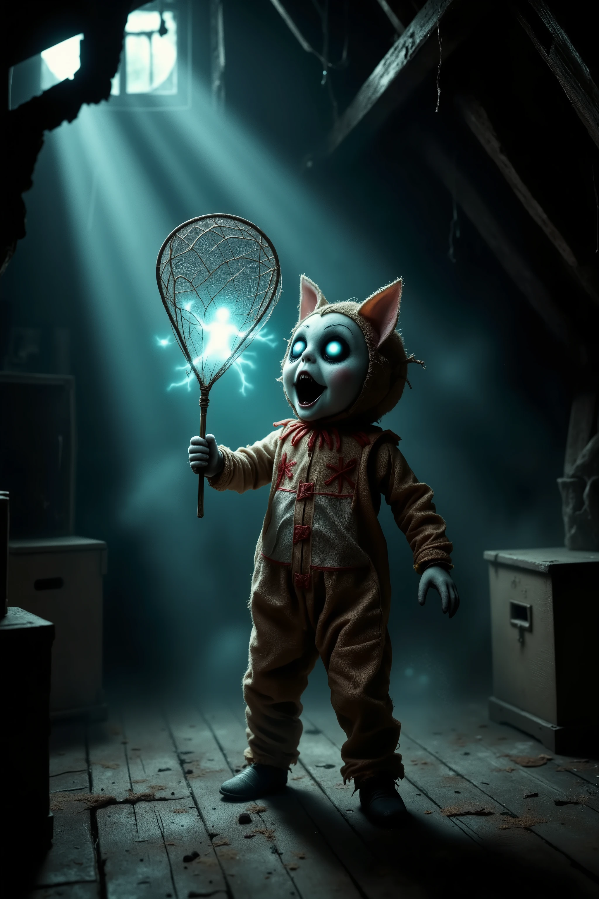 illustration in style of fantastical hyperrealism with elements of dark whimsy and surreal puppet aesthetics. Tiny creepy voodoo doll made of burlap and wax, patchwork body with red thread stitches, stands on dusty attic floor, holds butterfly net tightly with both hands, mid-action catching small glowing ghost. Ghost floats inside net, translucent bluish with wide surprised eyes, emits soft turquoise light. Voodoo doll's face lit from below by ghost's glow, expressing wicked joy. Scene lit by cold moonlight through attic window, sharp shadows on wooden beams and boxes. Atmosphere filled with suspended dust and faint spiderwebs. Floor worn, textured. Background: high attic wall with old wooden structure. Deep shadows stretch behind doll. Cold light and spectral glow create sharp high-contrast lighting. Slight motion blur at doll’s legs from sudden move. Color palette: dusty brown, worn wood tones, spectral turquoise, waxy ochre, crimson thread, moonlit blue shadows. Mood: darkly playful, magical, creepy yet humorous. High detail, cinematic lighting, realistic shadows, depth of field, volumetric light, soft fog, subtle textures, fine surface wear. hyperdetailed, high quality, cinematic atmosphere, soft volumetrics, ambient glow, subtle storytelling, whimsical horror tone, dramatic composition