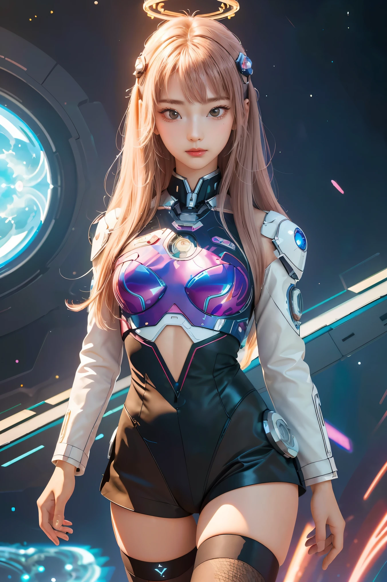 upper body,solo,[:(black background:1.5):90],Gradient background,1mechanical girl,(1kaijin:1.2),curvy,lights on armor,mecha headglass,Luminous Arms,laser eyes,expressionless,glowing skin,dynamic angle,
colorful,outline,hdr,ray tracing,nvidia rtx,subsurface scattering,pbr texturing,post-processing,anisotropic filtering,depth of field,maximum clarity and sharpness,16k raw,luminescent particles,cinematic lighting,lens flare,dramatic_shadow,fantasy,chromatic aberration, intricate details,ultra high res,photorealistic,dramatic lighting,sangonomiya kokomi