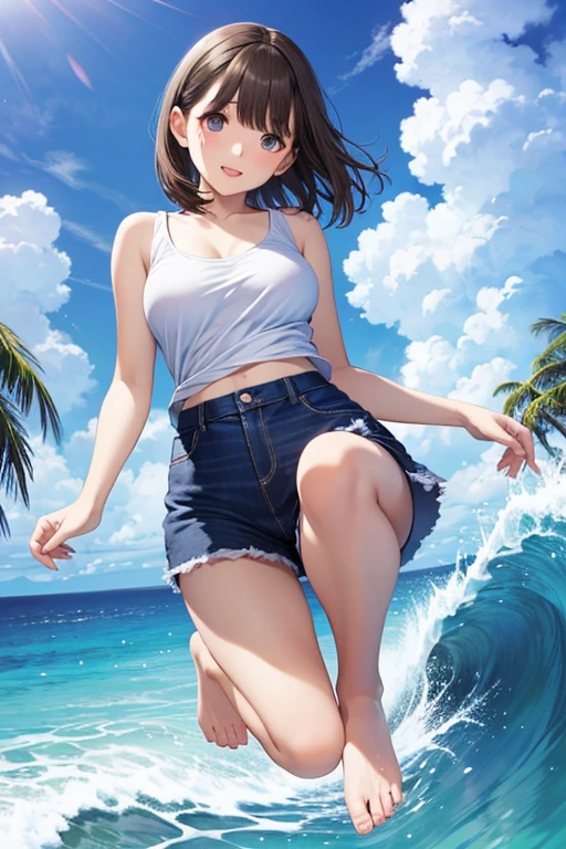 masterpiece, extremery magnificent view, perspective, extremery best quality, extremery detailed CG, 8k wallpaper, high resolution, highly detailed face, highly detailed eyes, perfect anatomy, super detailed skin,
(dynamic angle, dynamic pose:1.2), outdoors, beach, soothing waves, (portrait, legs focus, full body shot), (beautiful face, beautiful eyes, beautiful legs:1.3), in the water, wet,
1 girl, solo, (bikini top, blue jeans pants:1.3), sexy cropped top, (skinny jeans:1.3), medium breasts, brown hair, long hair, floating hair, straight hair, open forehead, (barefoot), blue eyes, (navel:0.8), skinny, slender, wide hips, thin waist