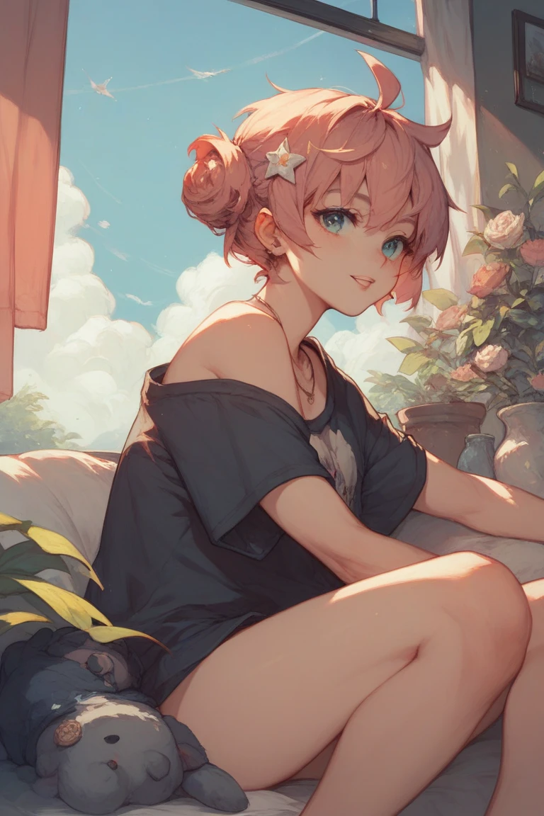 B.B. Bop has pale skin and indigo eyes. Her lips are bright red and she has a beauty mark at the left corner of her mouth. Her cheeks are pale pink. Her azure hair is worn up in a ponytail and she has a tuft of curled bangs at the front. She wears a red headband with a tied bow. Her attire consists of a red polka-dot top with a knot at the navel, denim shorts with gold studs lining the pockets and middle, and red peek-toe sandals with a band on the ankle and a bow on the foot, with a tan sole. SPARKLE; GLITTER