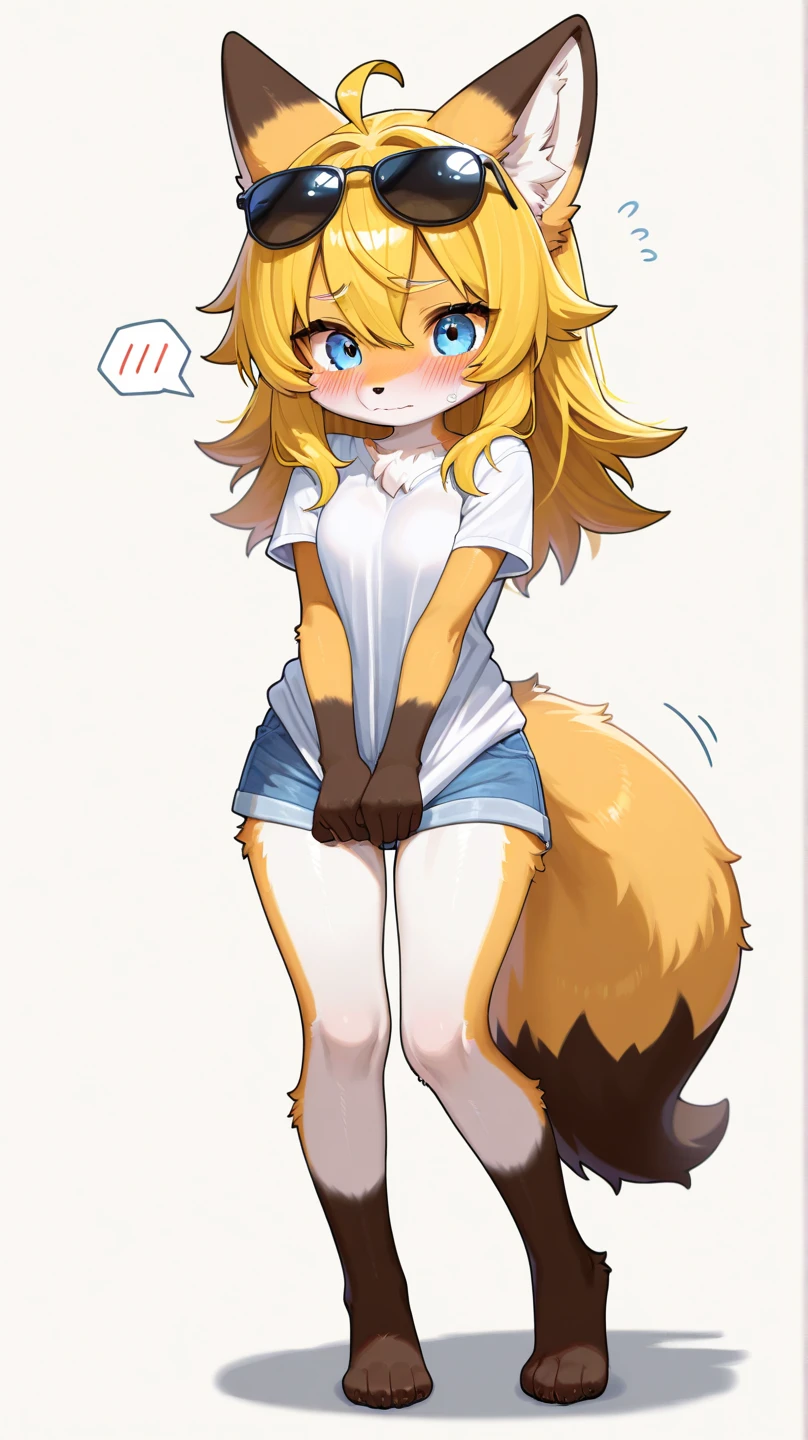 1 girl, solo, furry, fox, cute face, ambient light, ultra detailed hair, volumetric light, gray hair, blue eyes, nude, 1girl, solo, furry female, tongue, purple eyes, furry, animal ears, dog girl, dog ears, animal nose, full body, portrait, snout, blonde hair, teeth, collarbone, canine pussy bulge, green panties, topless, medium breasts, open mouth, happy, body fur, fangs, flat color, sleeveless shirt, looking to the side, yellow fur, blonde fur, spaniel, golden retriever, ears as hair, lop ears