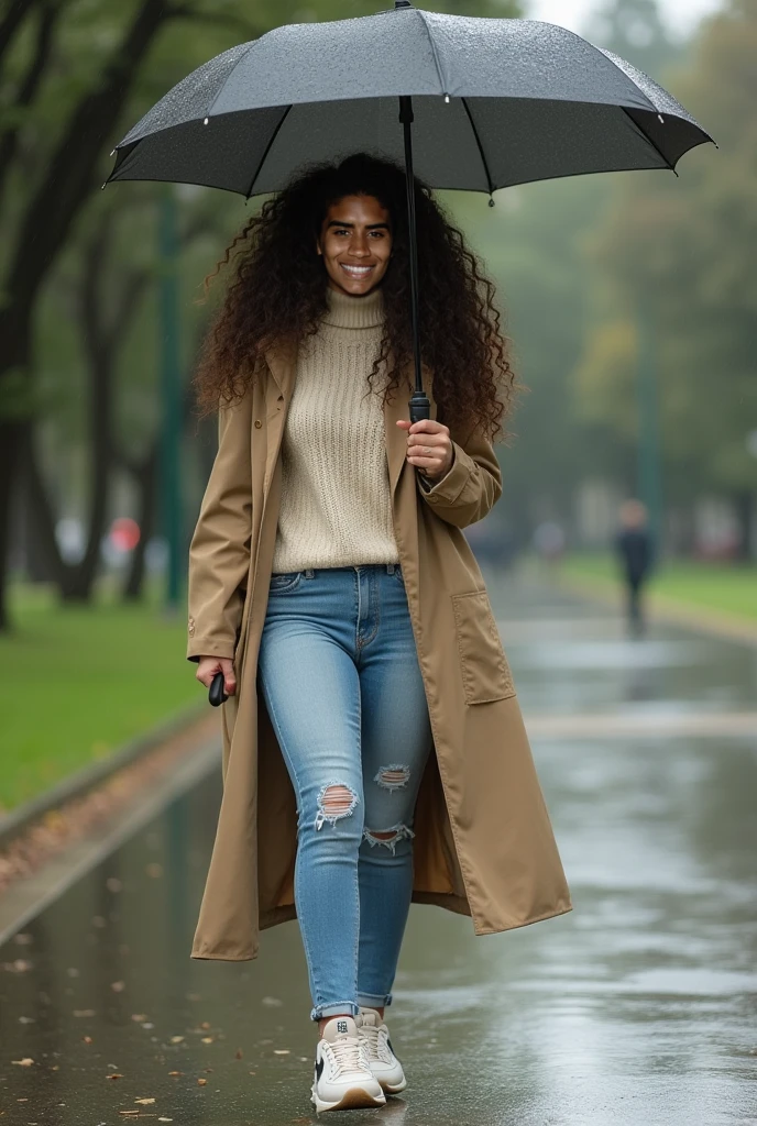 One happy black girl in the rain wearing a purple rain boots, rain hat, and jeans and umbrella