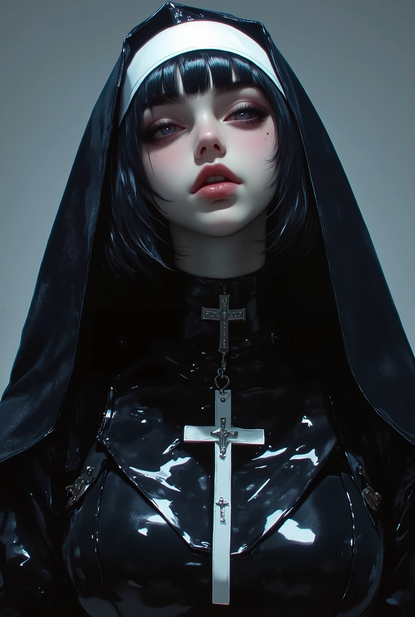(1 girl, black french bob haircut, ,,, nun outfit, oily skin, blush,wet skin, Jenny Kim , black lips, décolleté, big breasts