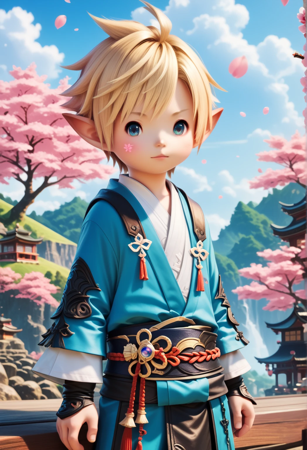LalaTater, Lalafell, 1boy, one character, final fantasy samurai gear, blue eyes, cloud, day, fantasy, looking at viewer, male focus, blonde hair, outdoors, sky, sakura tree, cherry blossom, chibi, , puntable BREAK PonyXLV6_Scores