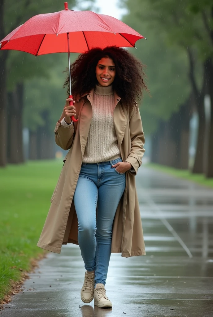 Girl, 15 years old, full body, in a long Red dress, wearing boots, a denim jacket, brunette with short curly hair, green eyes, freckles on her face, bottom-up camera angle, background Brightly colored flower garden, rainy weather, 8k HDR, ultra realistic
