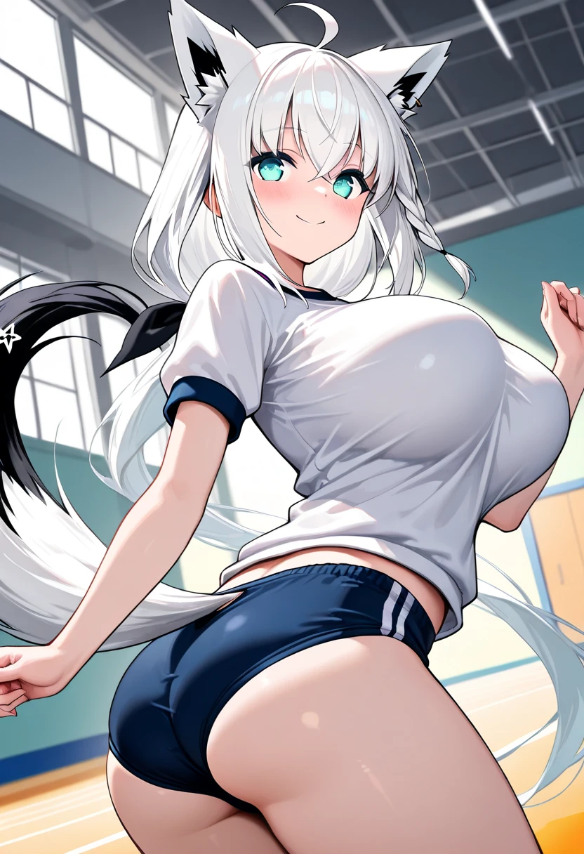 1girl, dark skin, dark-skinned female, blue eyes, white hair, long hair, huge breasts, tall, tall female, white shirt, shirt, gym uniform, sportswear, blue shorts, short pants, toned,