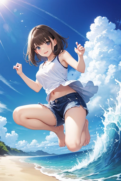 (8K, best quality, master piece: 1.2), super high resolution,1 girl,独奏,8yo,((standing split, Leg lift)),ultra-detailed face,detailed eyes,brown hair,Straight hair,Long hair,aqua eyes,w arms, Denim pants,Plain short sleeve oversized T-shirt,perfect hands, perfect fingers,Professional Lighting,Smile lightly,blue sky,Sea side, clear water